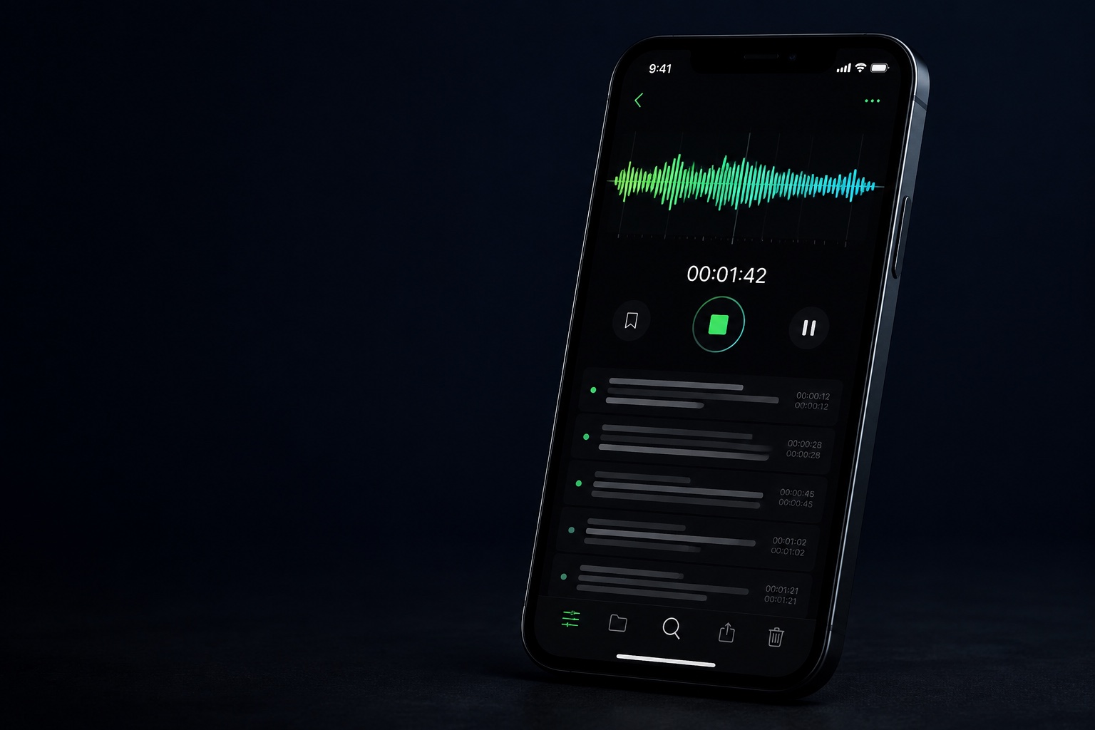 A phone displaying an audio waveform and an offline transcript